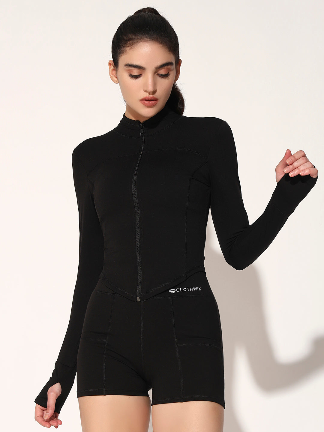 NYLON WOMEN WORKOUT FITTED SWEATSHIRT - BLACK