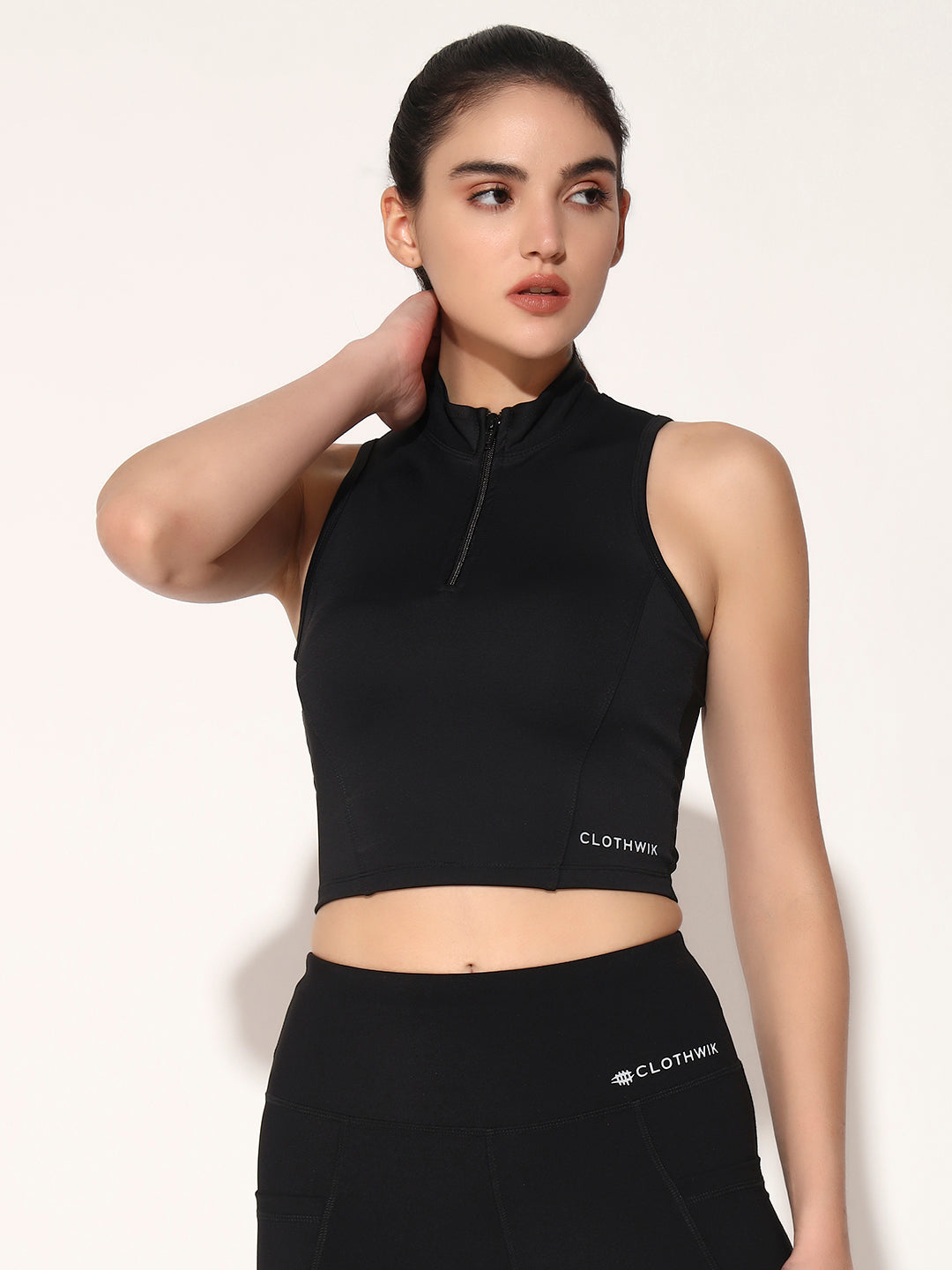 NYLON WOMEN FRONT ZIP SPORTS TOP - BLACK