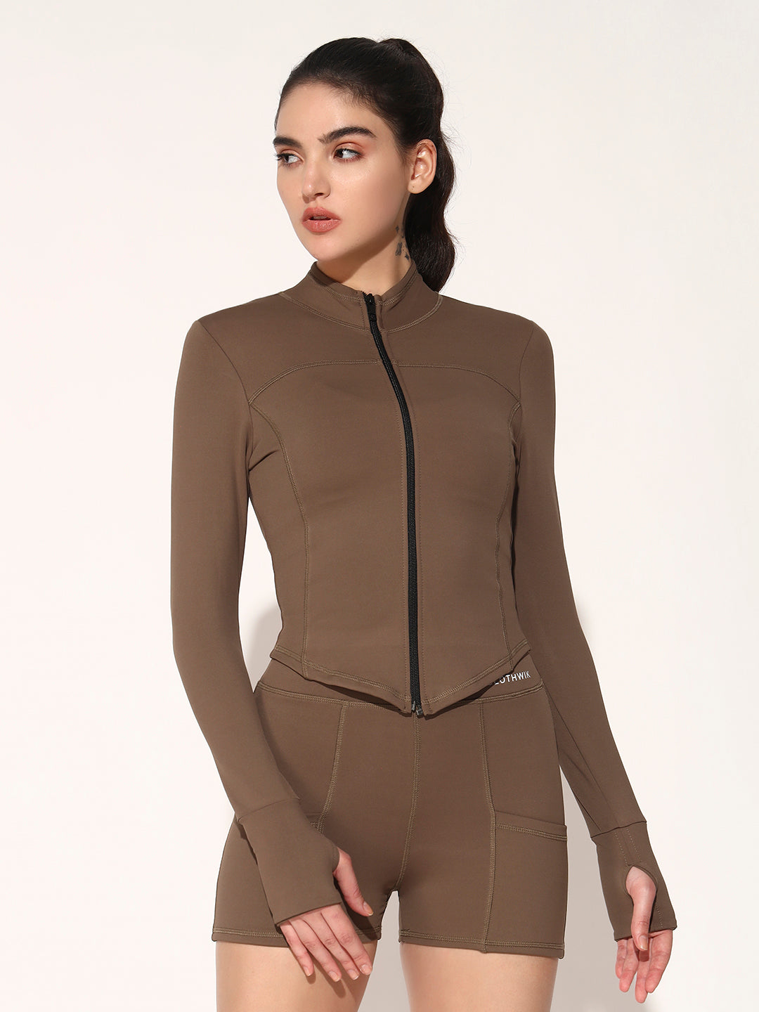 NYLON WOMEN WORKOUT FITTED SWEATSHIRT - BROWN