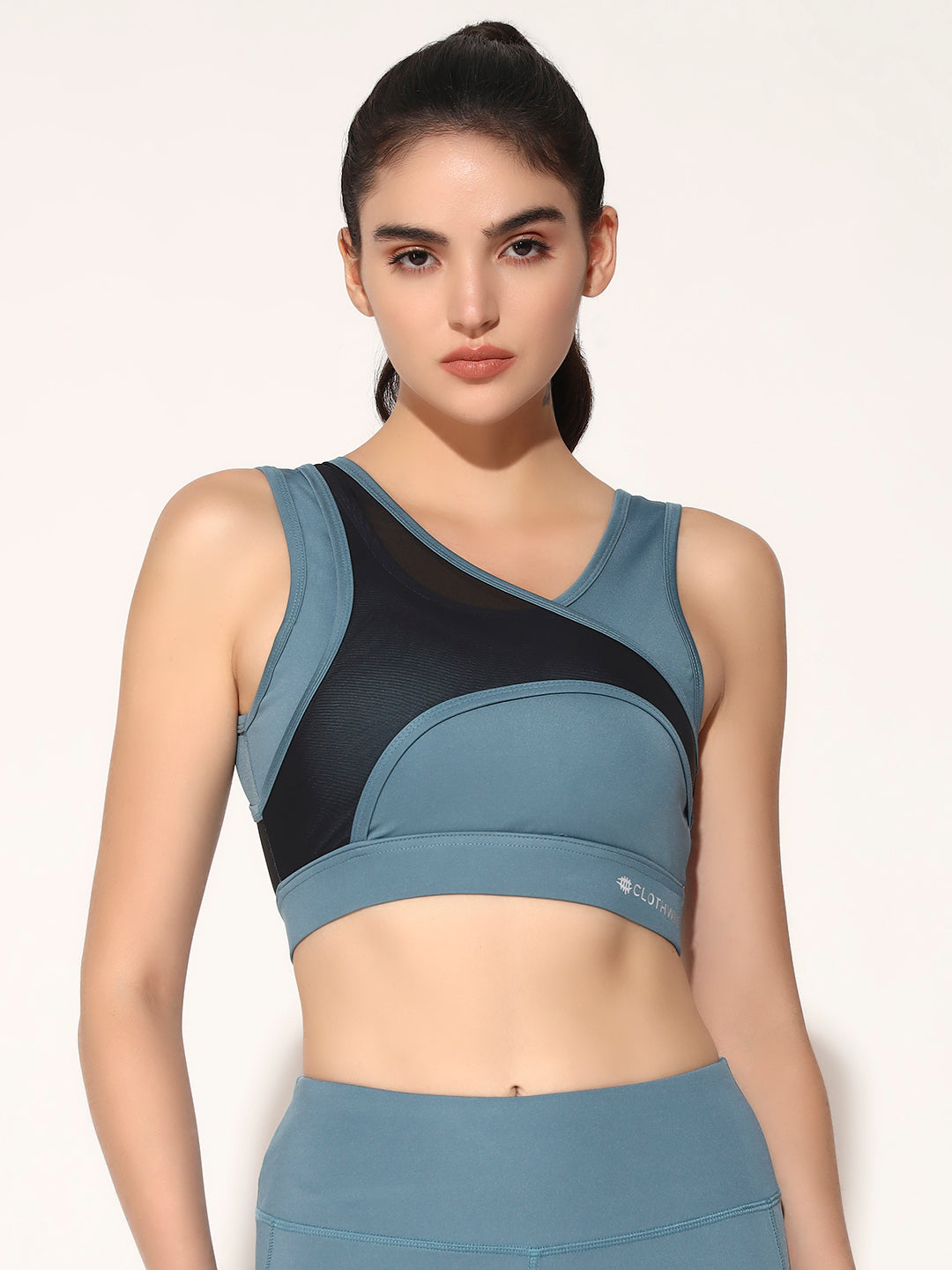 NYLON WOMEN FORNTCROSS MESH SPORTS BRA - ICE BLUE