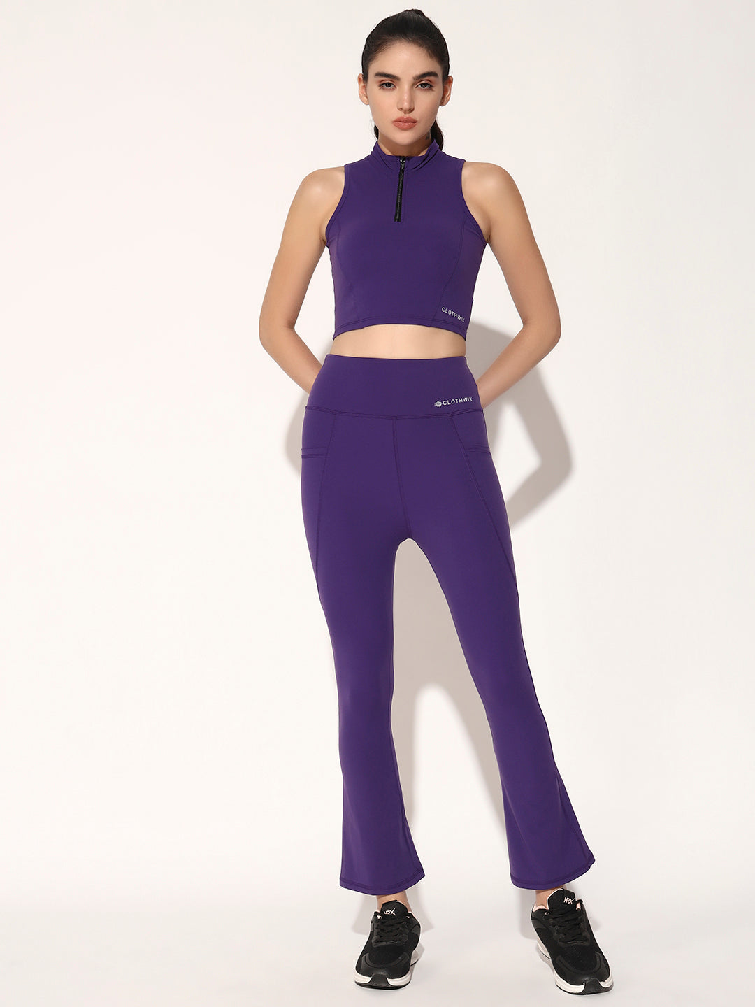 NYLON WOMEN WORKOUT FLARE PANT WITH ZIPED TOP - TRUE PURPLE