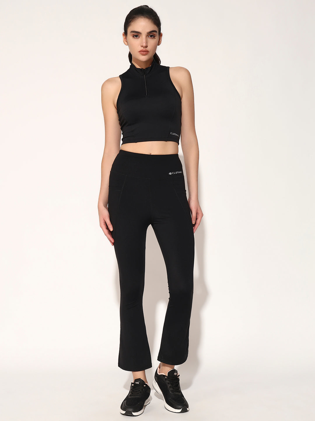 NYLON WOMEN WORKOUT FLARE PANT WITH ZIPED TOP - BLACK