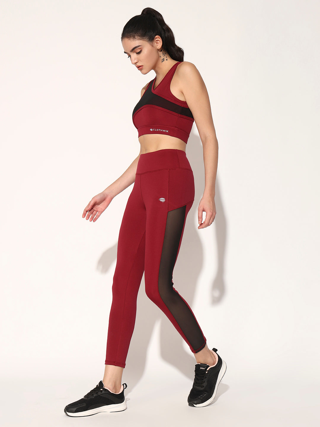 WOMEN WORKOUT HIGH WAIST PAIR WITH MESH PANNEL - MAROON