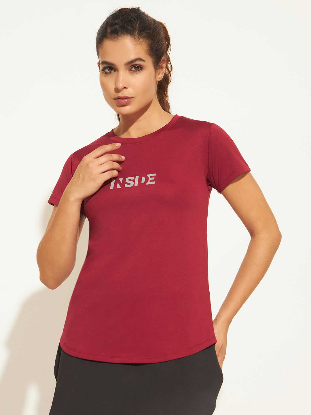 Women Typography Printed Moisture Wicking T-shirt - Maroon