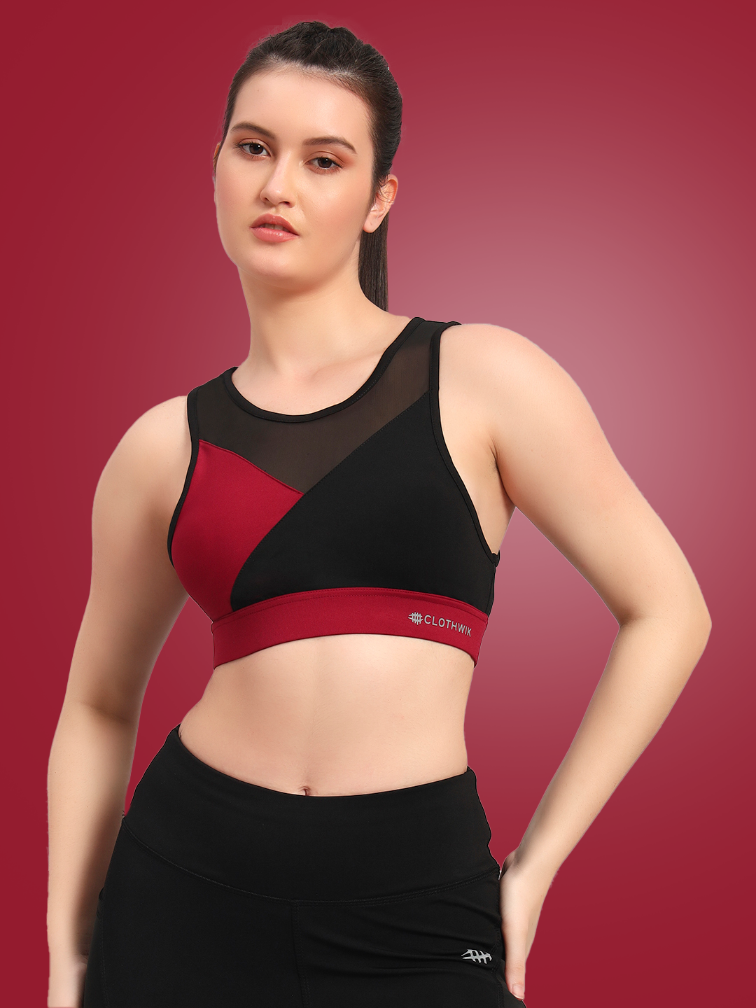 Clothwik Multi Color Sports Bra – Black / Maroon