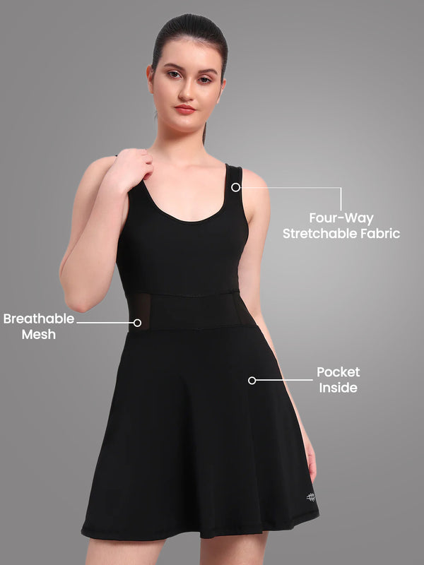 NYLON WOMEN WORKOUT SKIRT JUMPSUIT - BLACK