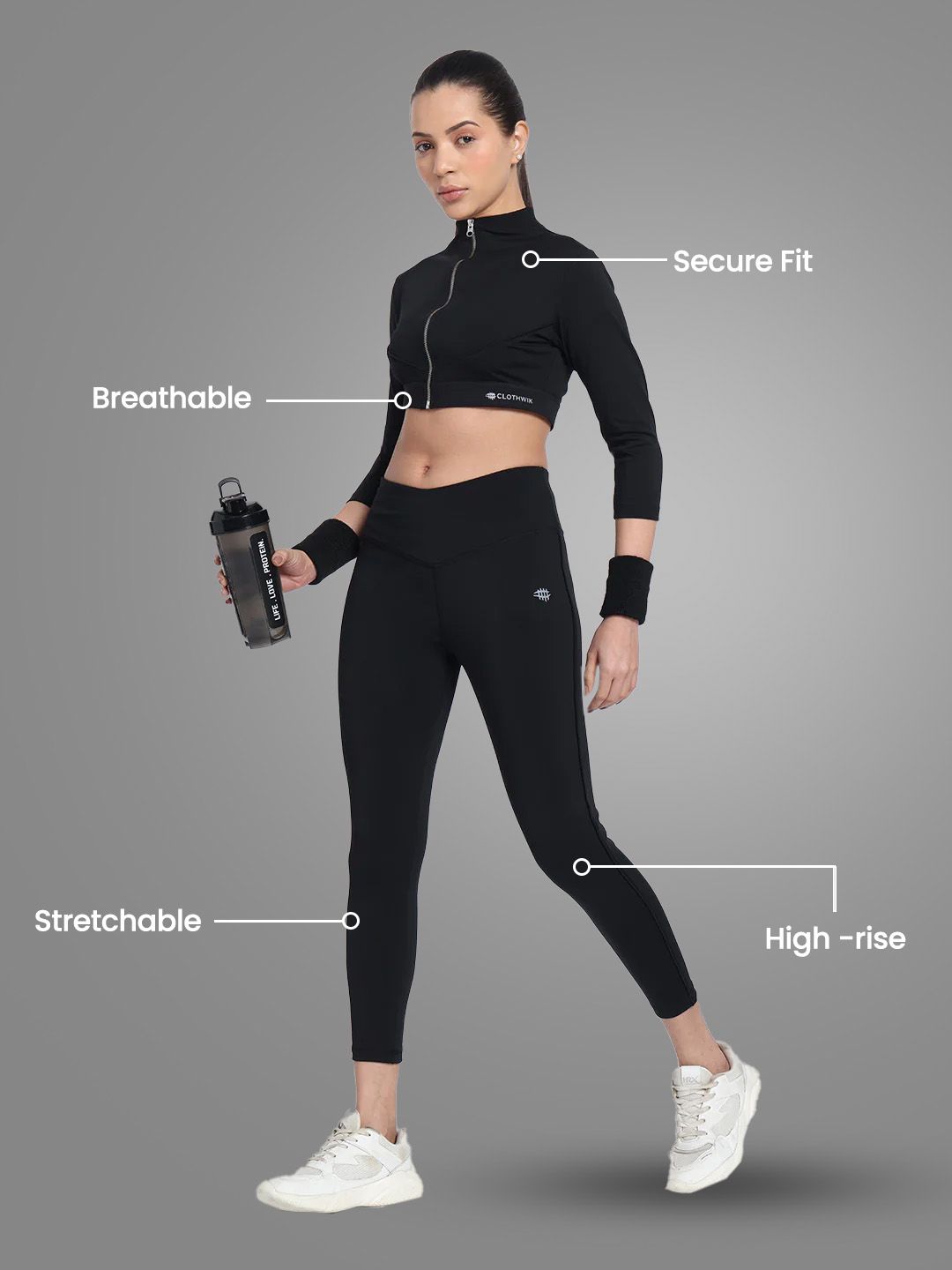 High Waist Yoke Tight With Front Zip Top – Black